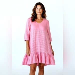Suzy D Linen Ruffle Hem Mini Dress Pink White Stripe Womens M 3/4 Sleeve Beachy